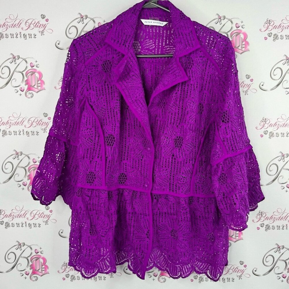 Peter Nygard Purple Lace Blouse coverup button up sweater ruffle sleeves floral